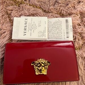 Versace Red Patent Medusa Shoulder Crossbody with Gold Chain